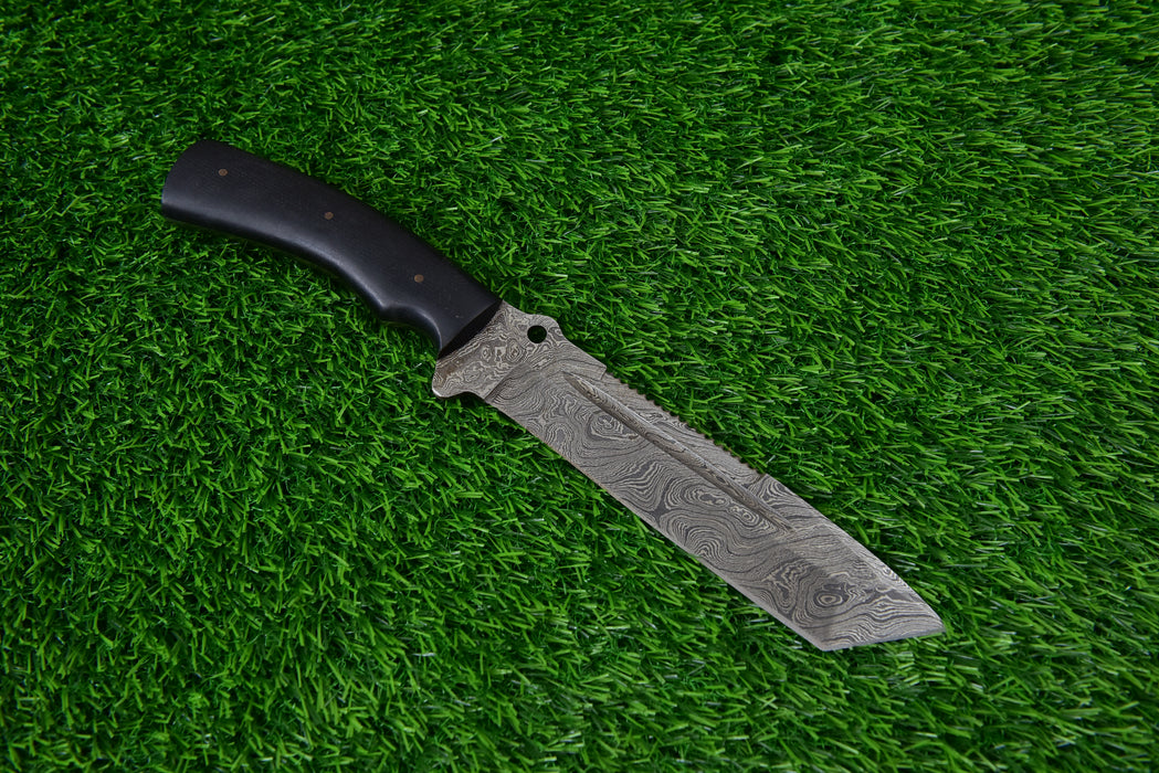 Tactical Damascus Steel Tanto Knife with Serrated Spine & Black Micarta Handle (AW-137)