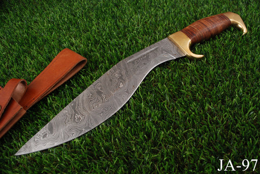 Handcrafted Damascus Bowie Knife with Brass Guard & Leather Sheath AW-97