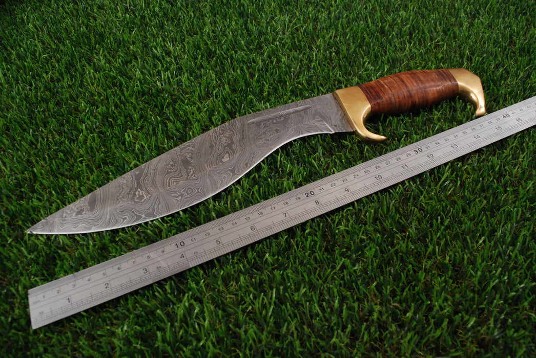 Handcrafted Damascus Bowie Knife with Brass Guard & Leather Sheath AW-97