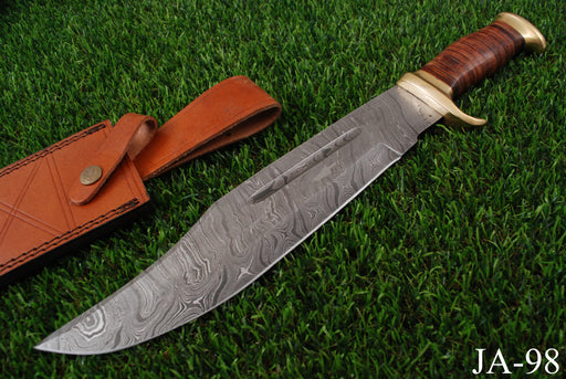 Premium Damascus Bowie Knife with Brass Guard & Leather Sheath AW-98