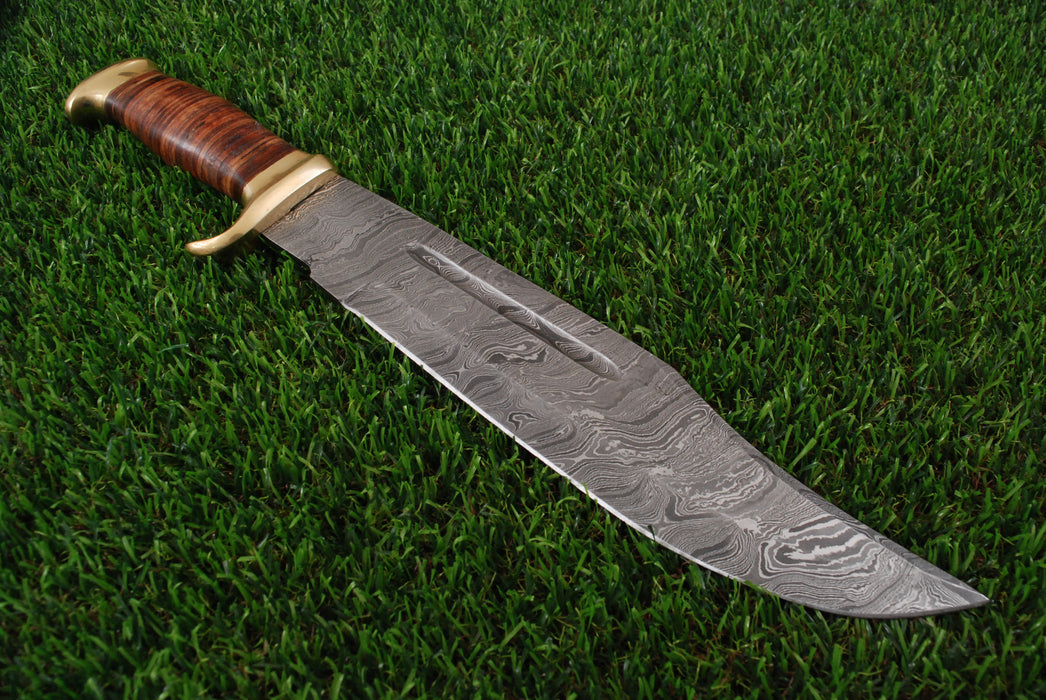 Premium Damascus Bowie Knife with Brass Guard & Leather Sheath AW-98