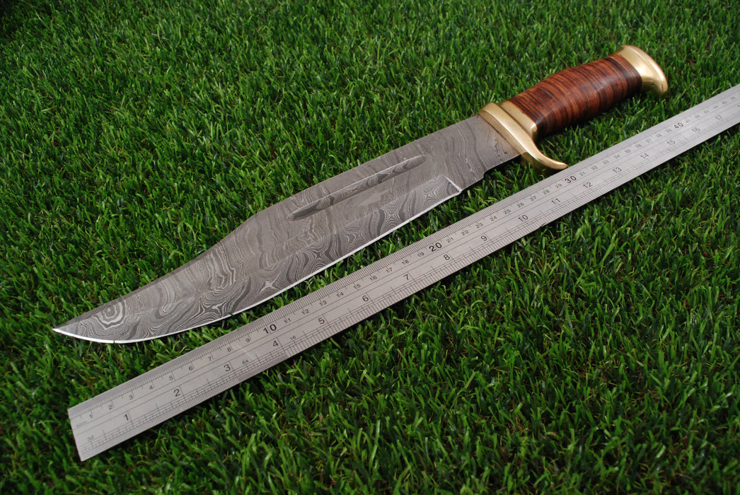 Premium Damascus Bowie Knife with Brass Guard & Leather Sheath AW-98