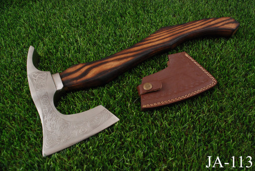 Hand-Forged Viking Bearded Axe with Etched Wolf Motif AW-113