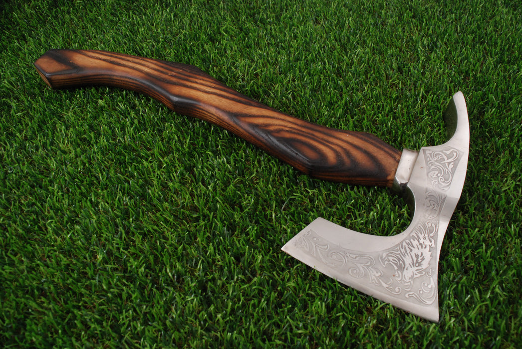 Hand-Forged Viking Bearded Axe with Etched Wolf Motif AW-113