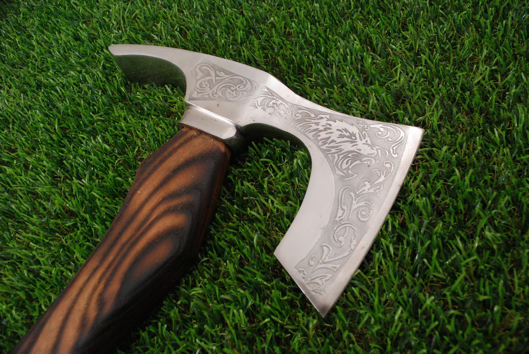 Hand-Forged Viking Bearded Axe with Etched Wolf Motif AW-113