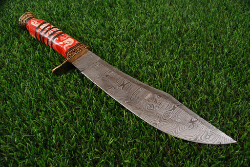 Premium Damascus Steel Bowie Knife with Crimson Resin Handle AW-117