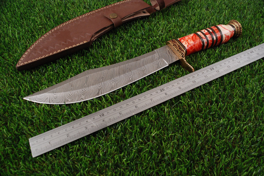 Premium Damascus Steel Bowie Knife with Crimson Resin Handle AW-117