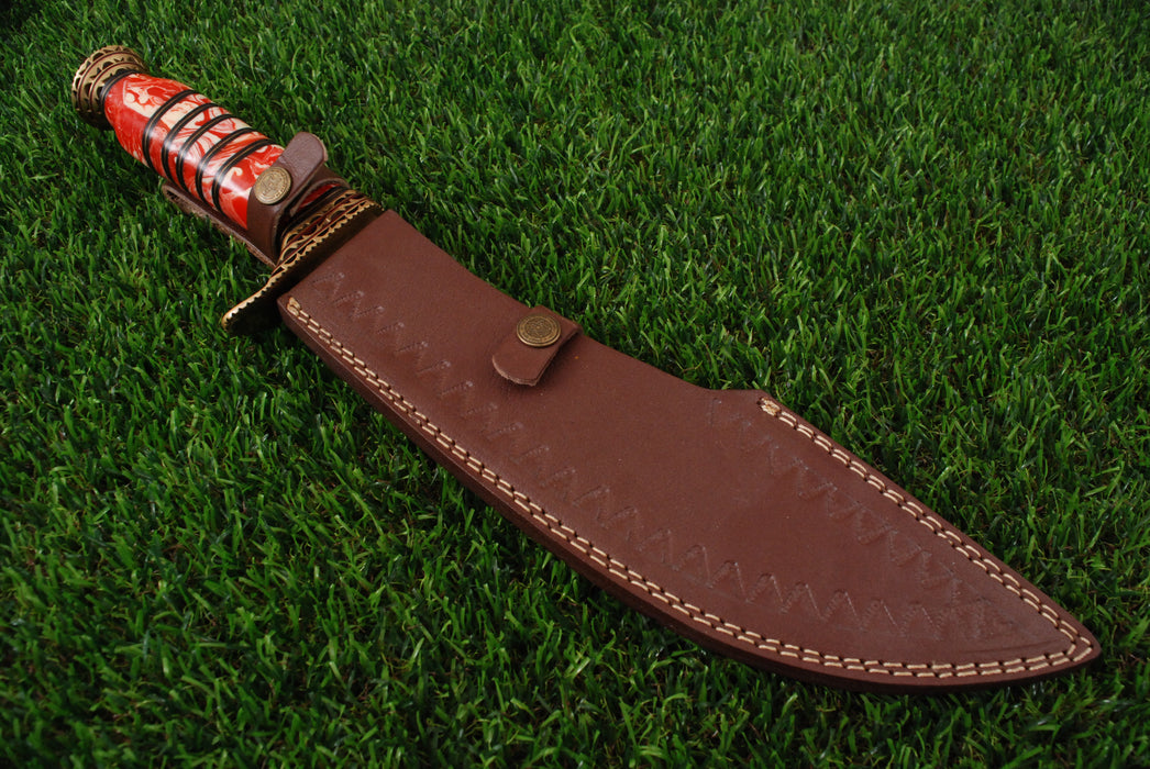 Premium Damascus Steel Bowie Knife with Crimson Resin Handle AW-117