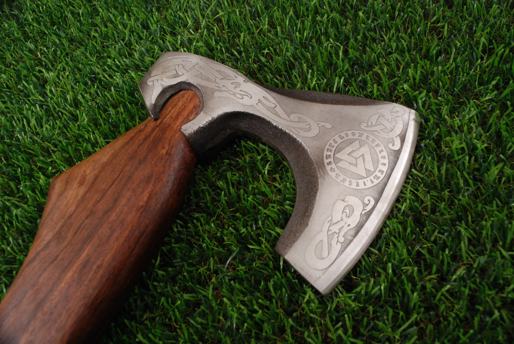 Hand-Forged Viking Axe with Valknut and Dragon Engravings AW-120