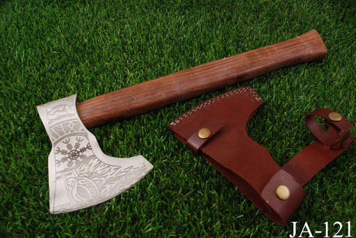 Hand-Forged Viking Bearded Axe with Vegvisir Engravings & Premium Leather Sheath (AW-121)