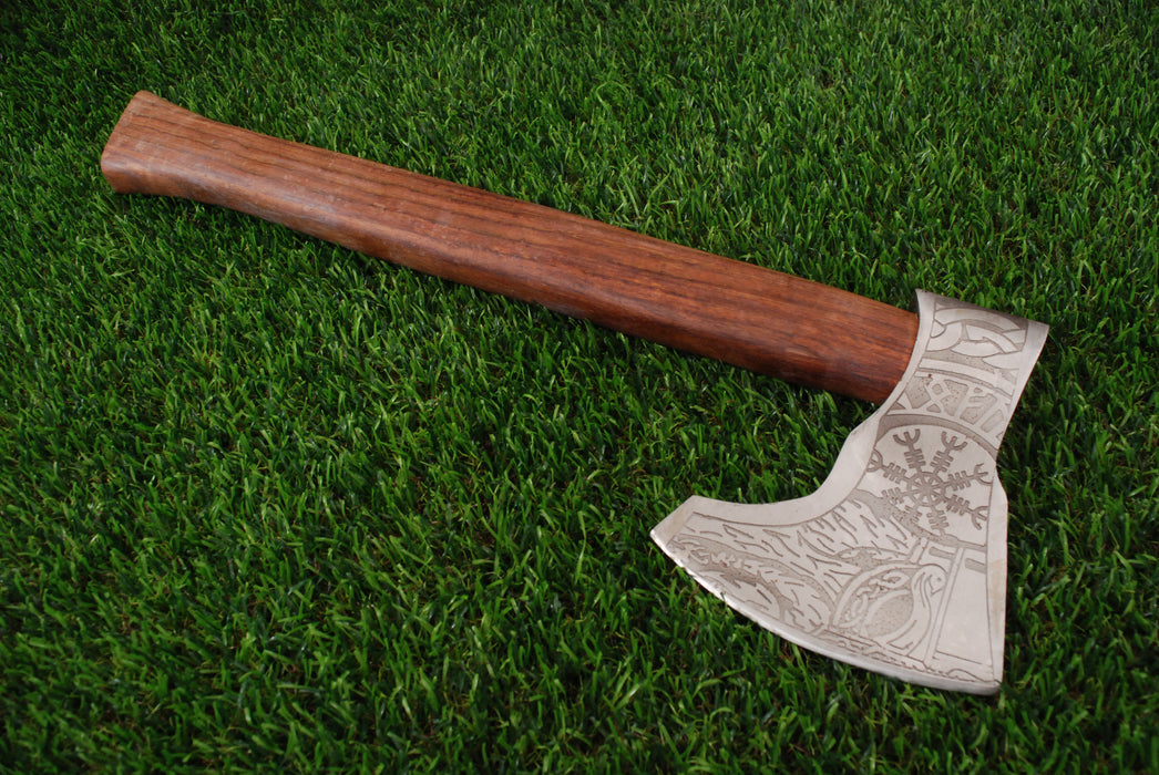 Hand-Forged Viking Bearded Axe with Vegvisir Engravings & Premium Leather Sheath (AW-121)