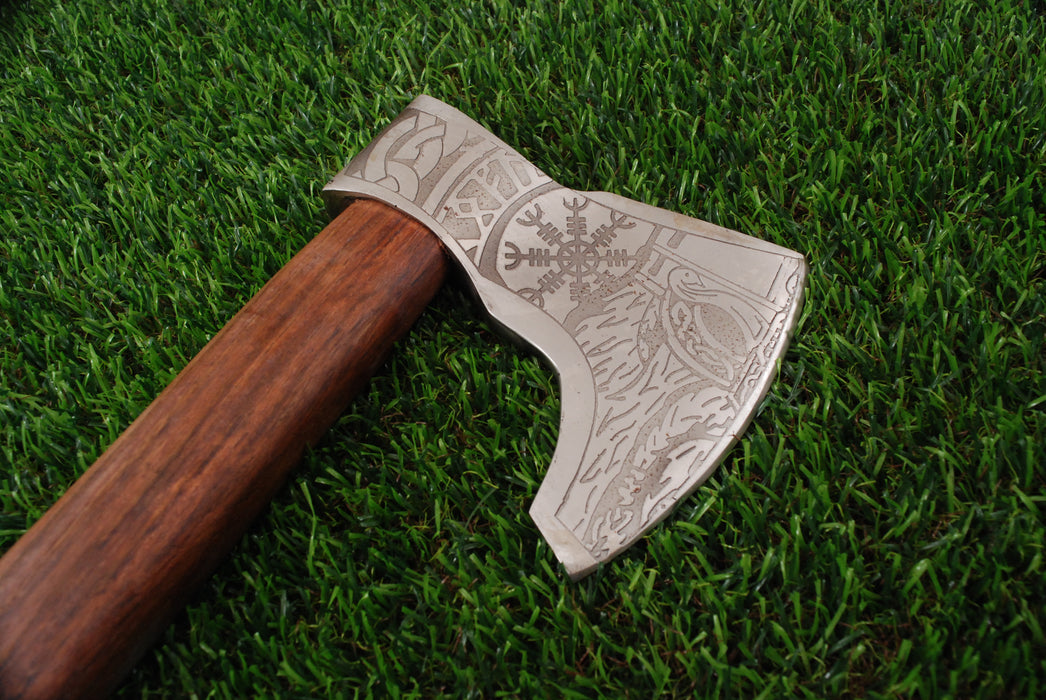 Hand-Forged Viking Bearded Axe with Vegvisir Engravings & Premium Leather Sheath (AW-121)