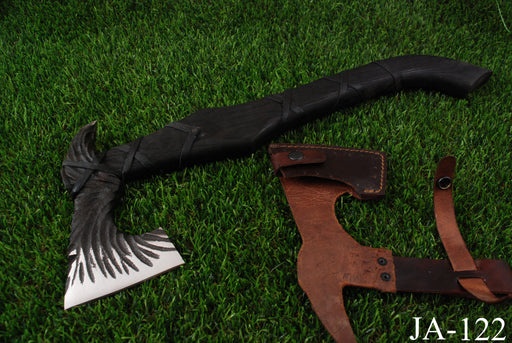 Tactical Raven Wing Viking Axe – Hand-Forged Black Finish with Leather Wrap (AW-122)