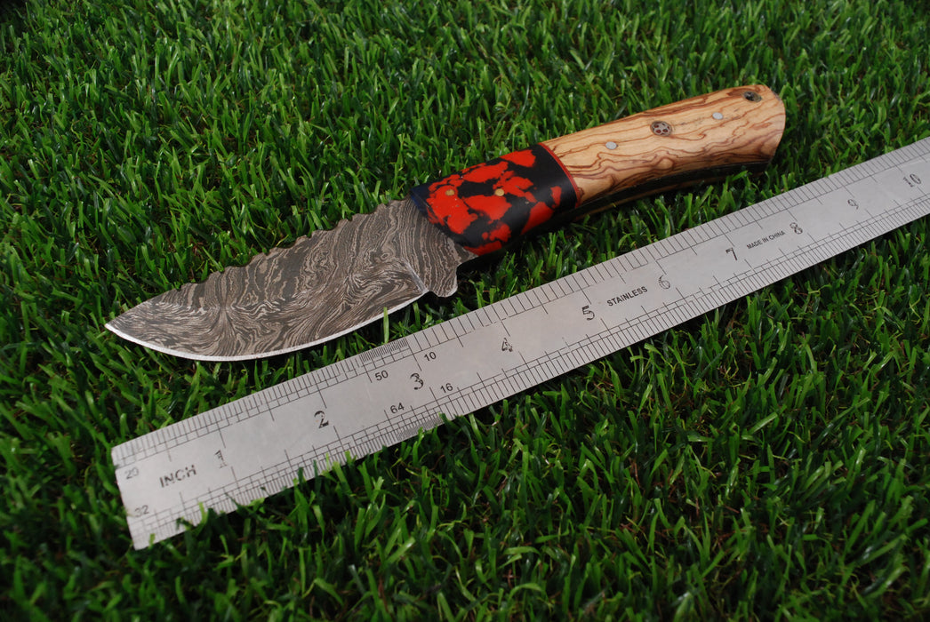 Custom Damascus Steel Fixed Blade Skinner with Red Resin & Olive Wood Handle (JA-126)