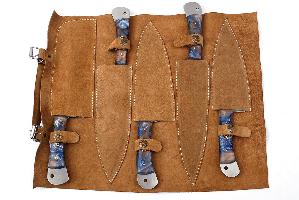 AW-052 Handmade 5-Piece Professional Damascus Steel Chef Knife Set with Blue & Brown Resin Handles and Suede Leather Roll Bag