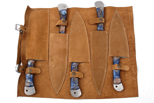 AW-052 Handmade 5-Piece Professional Damascus Steel Chef Knife Set with Blue & Brown Resin Handles and Suede Leather Roll Bag