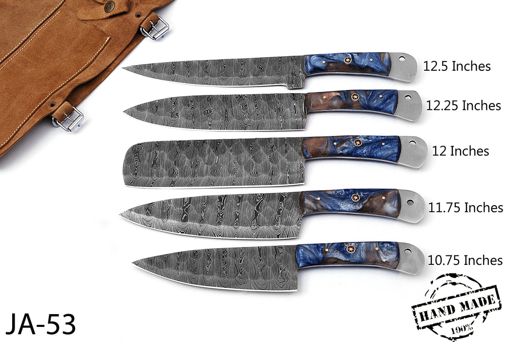AW-052 Handmade 5-Piece Professional Damascus Steel Chef Knife Set with Blue & Brown Resin Handles and Suede Leather Roll Bag