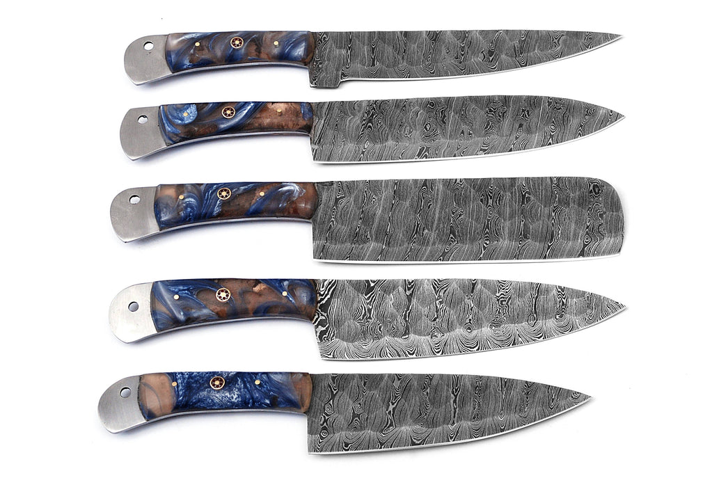 AW-052 Handmade 5-Piece Professional Damascus Steel Chef Knife Set with Blue & Brown Resin Handles and Suede Leather Roll Bag