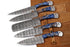 AW-052 Handmade 5-Piece Professional Damascus Steel Chef Knife Set with Blue & Brown Resin Handles and Suede Leather Roll Bag
