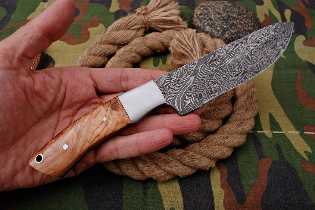 AW-001 Handcrafted Damascus Steel Fixed Blade Knife with Olive Wood Handle & Leather Sheath