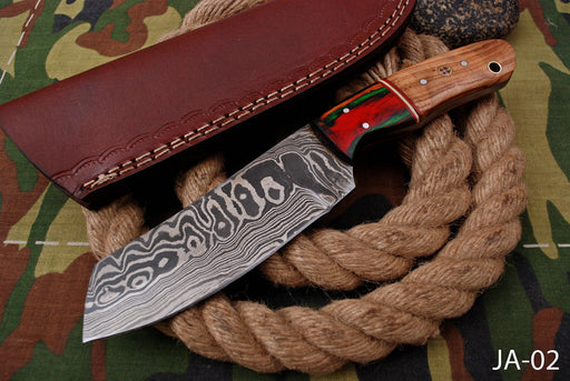 AW-002 Handmade Damascus Steel Fixed Blade Knife with Colored Wood Handle & Leather Sheath