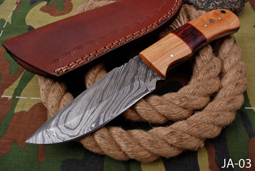 AW-003 Handcrafted Damascus Steel Fixed Blade Knife with Wooden Handle & Leather Sheath