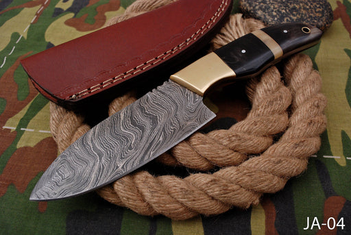 AW-004 Premium Damascus Steel Fixed Blade Knife with Black Handle & Leather Sheath