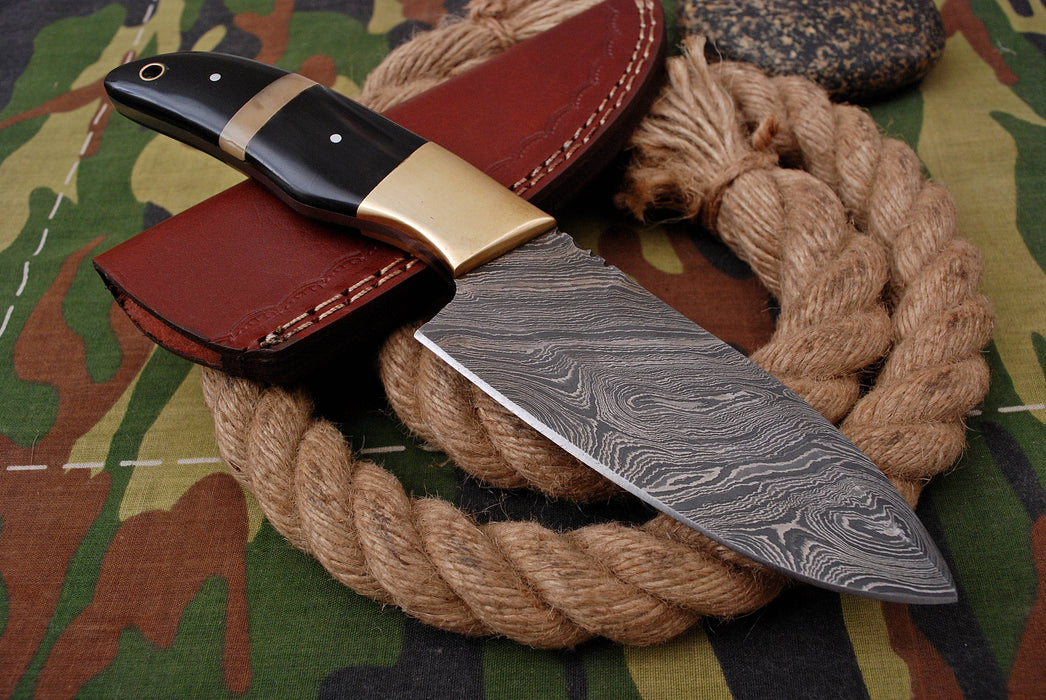 AW-004 Premium Damascus Steel Fixed Blade Knife with Black Handle & Leather Sheath