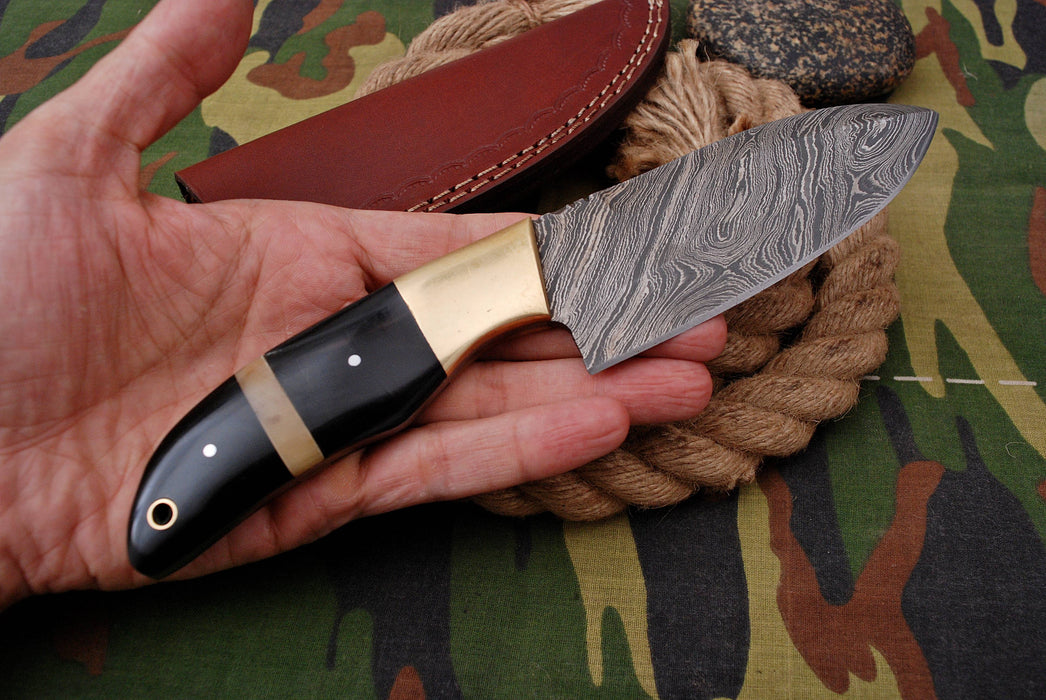 AW-004 Premium Damascus Steel Fixed Blade Knife with Black Handle & Leather Sheath