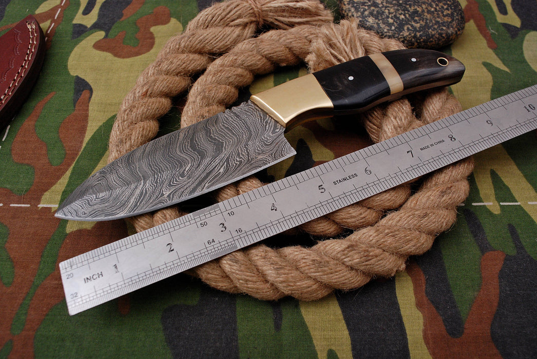 AW-004 Premium Damascus Steel Fixed Blade Knife with Black Handle & Leather Sheath