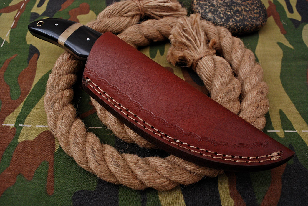 AW-004 Premium Damascus Steel Fixed Blade Knife with Black Handle & Leather Sheath