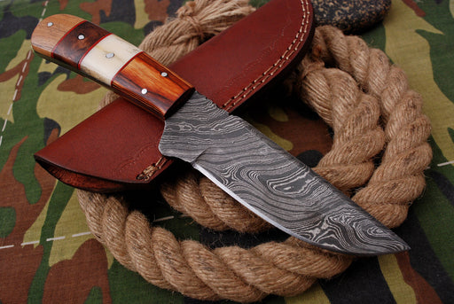 AW-005 Handcrafted Damascus Steel Fixed Blade Knife with Multi-Wood Handle & Leather Sheath