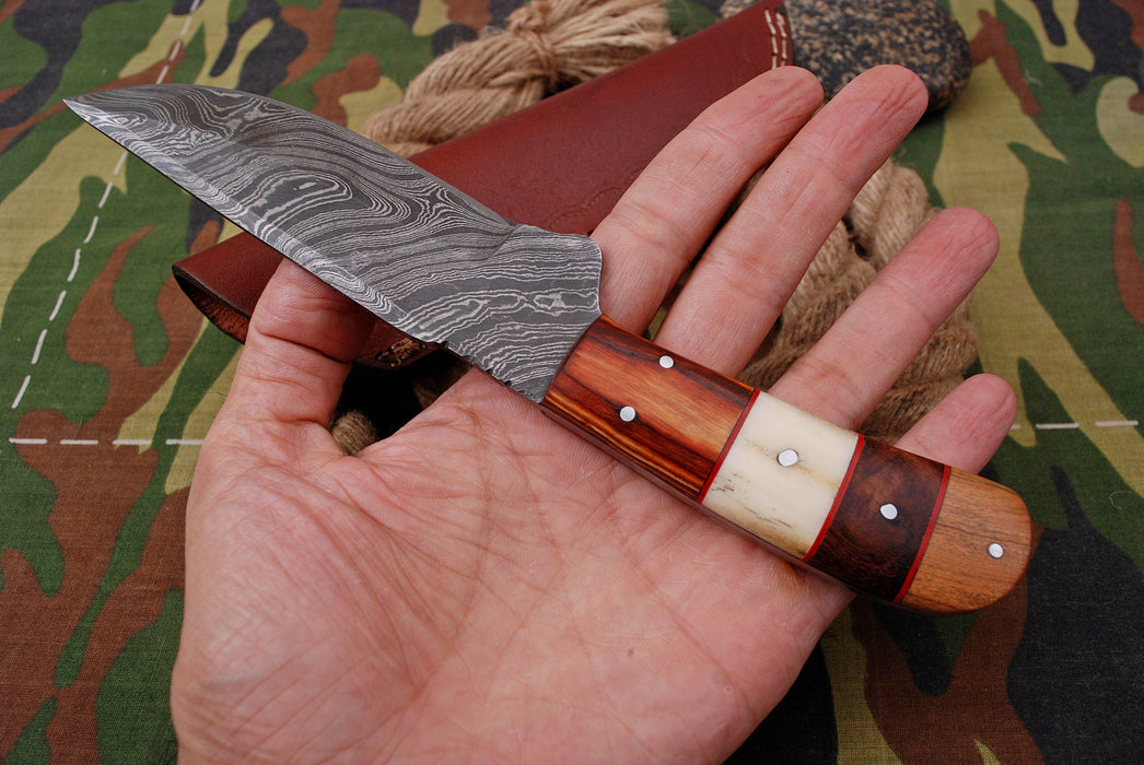 AW-005 Handcrafted Damascus Steel Fixed Blade Knife with Multi-Wood Handle & Leather Sheath