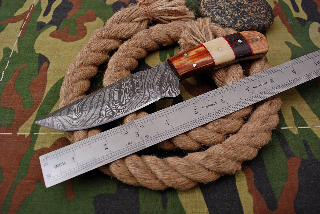 AW-005 Handcrafted Damascus Steel Fixed Blade Knife with Multi-Wood Handle & Leather Sheath