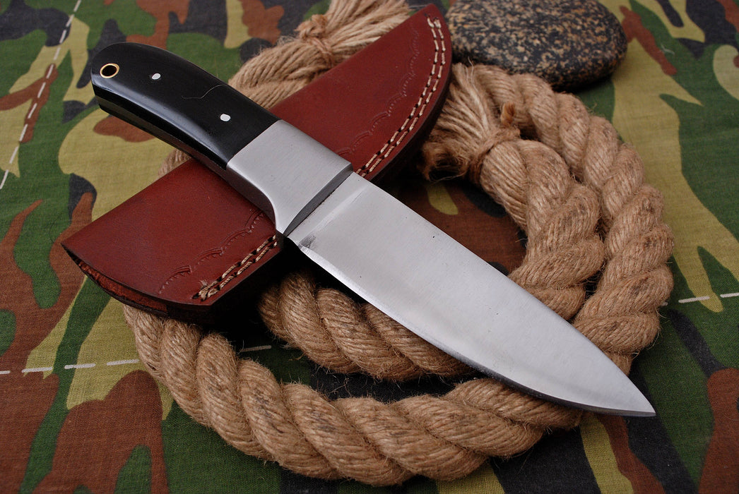 AW-006 Handmade D2 Steel Drop Point Hunting Knife with Micarta Handle and Leather Sheath