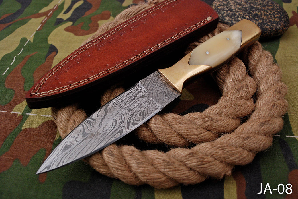 AW-008 "The Frontier Scout" Handmade Damascus Steel Hunting Knife with Bone Handle and Brass Bolster