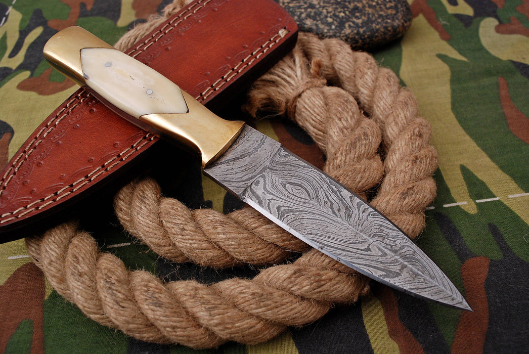AW-008 "The Frontier Scout" Handmade Damascus Steel Hunting Knife with Bone Handle and Brass Bolster