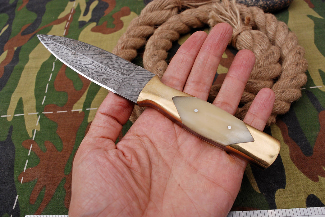 AW-008 "The Frontier Scout" Handmade Damascus Steel Hunting Knife with Bone Handle and Brass Bolster