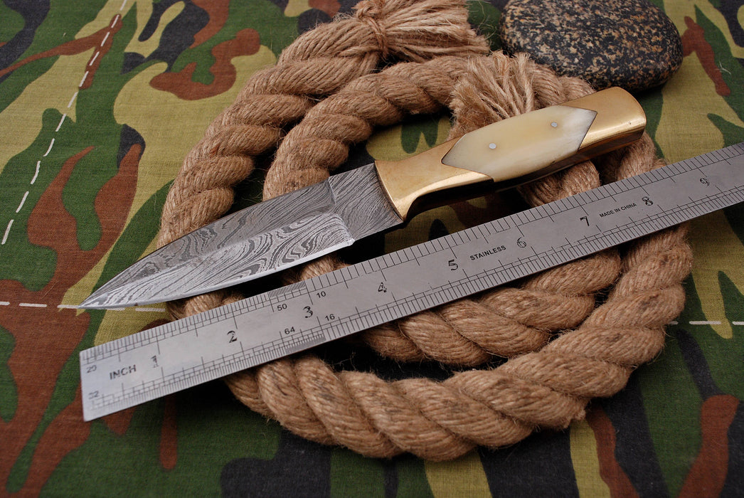 AW-008 "The Frontier Scout" Handmade Damascus Steel Hunting Knife with Bone Handle and Brass Bolster