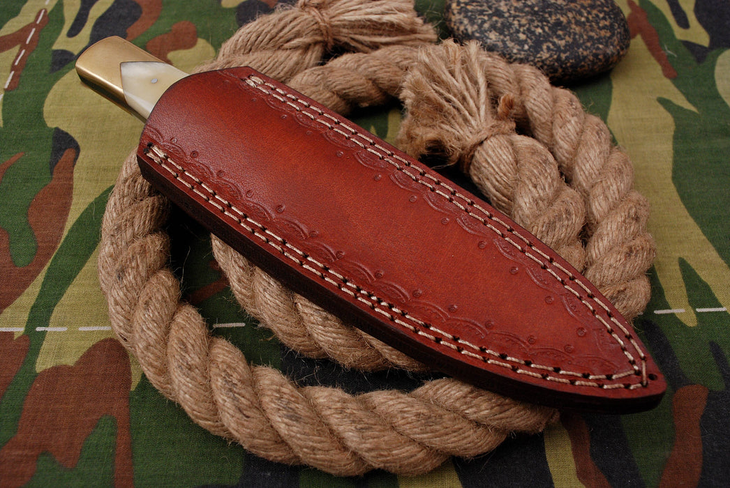 AW-008 "The Frontier Scout" Handmade Damascus Steel Hunting Knife with Bone Handle and Brass Bolster