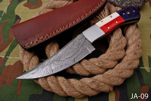 AW-009 "Lone Star" Handmade Damascus Steel Hunting Knife with Texas Flag Handle & Leather Sheath
