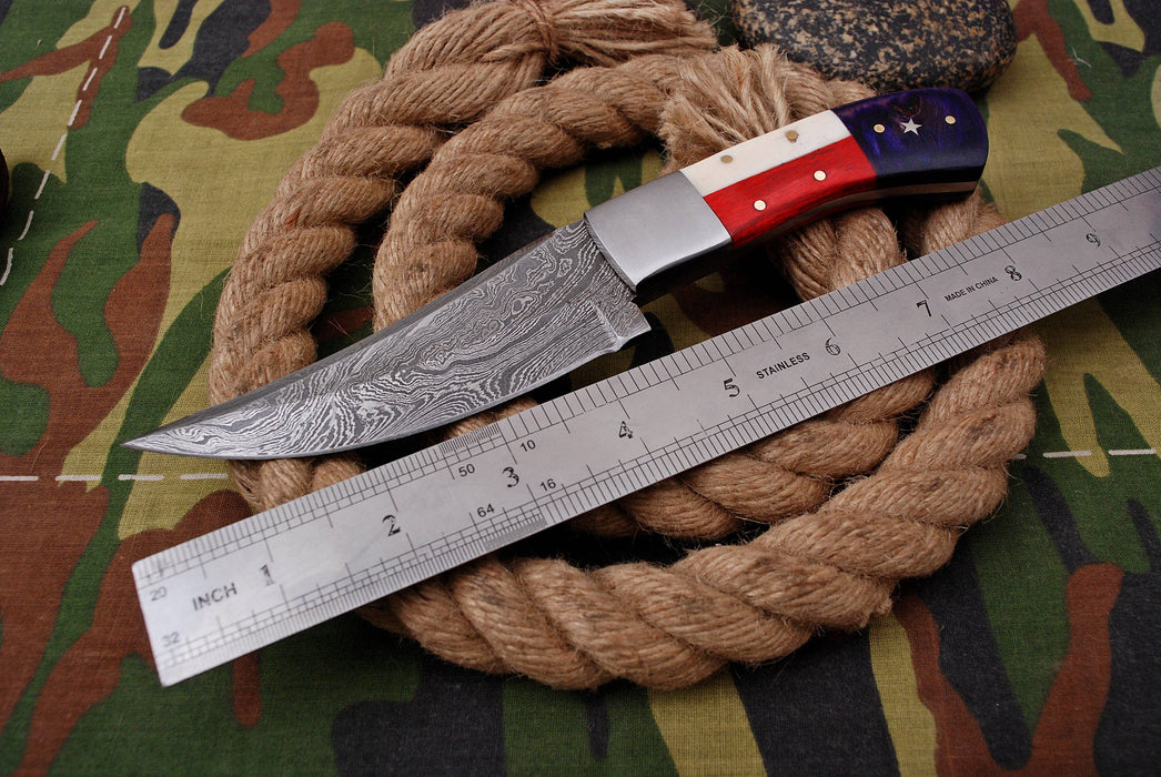 AW-009 "Lone Star" Handmade Damascus Steel Hunting Knife with Texas Flag Handle & Leather Sheath