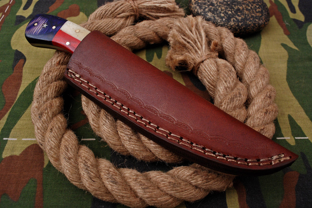 AW-009 "Lone Star" Handmade Damascus Steel Hunting Knife with Texas Flag Handle & Leather Sheath