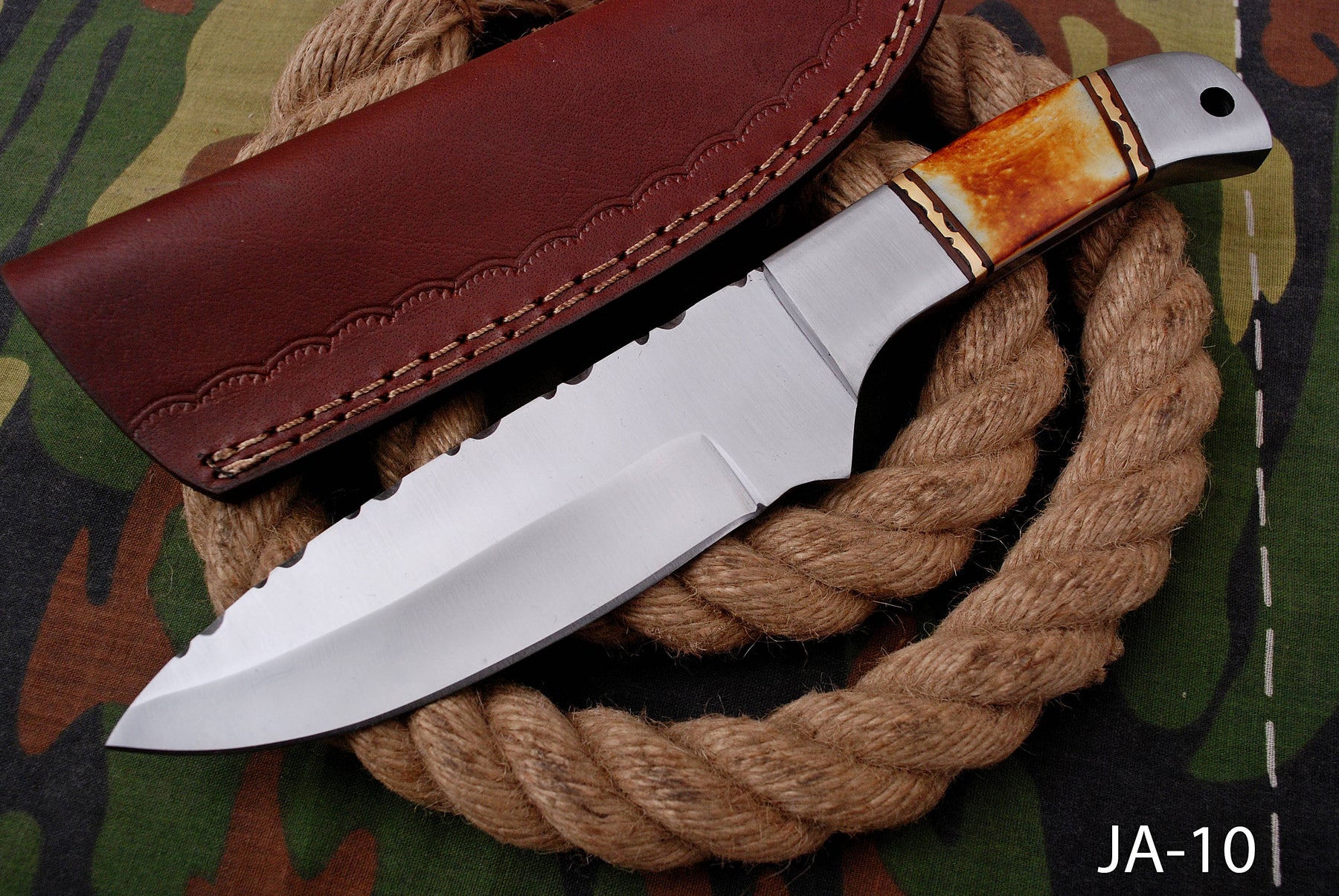 AW-010 "The Trail Boss" Handmade High-Carbon Steel Hunting & Survival Knife with Spine Serration and Bone Handle