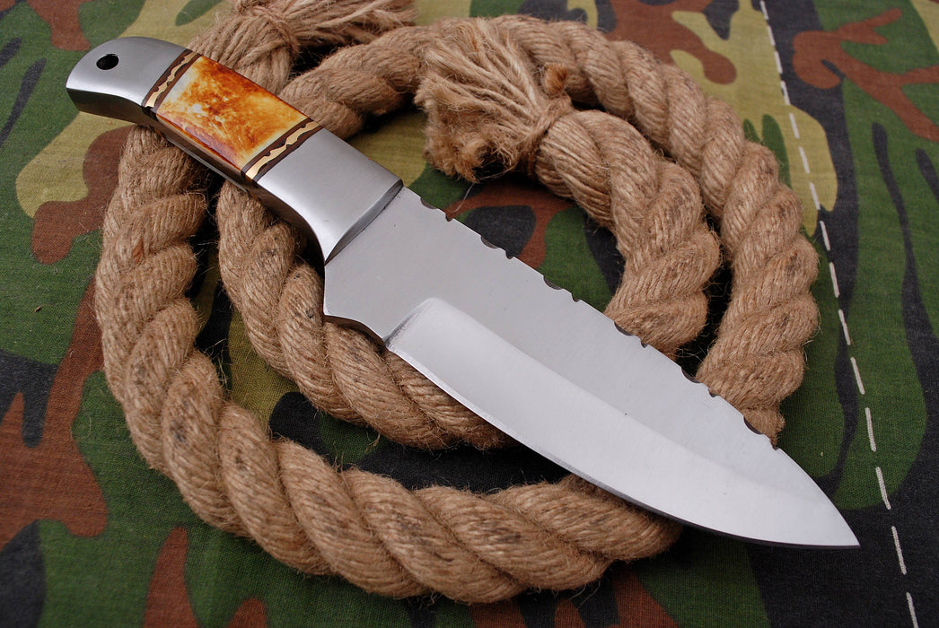 AW-010 "The Trail Boss" Handmade High-Carbon Steel Hunting & Survival Knife with Spine Serration and Bone Handle