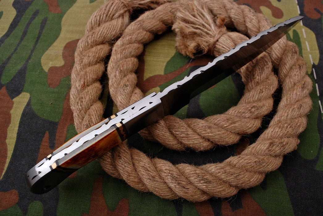 AW-010 "The Trail Boss" Handmade High-Carbon Steel Hunting & Survival Knife with Spine Serration and Bone Handle