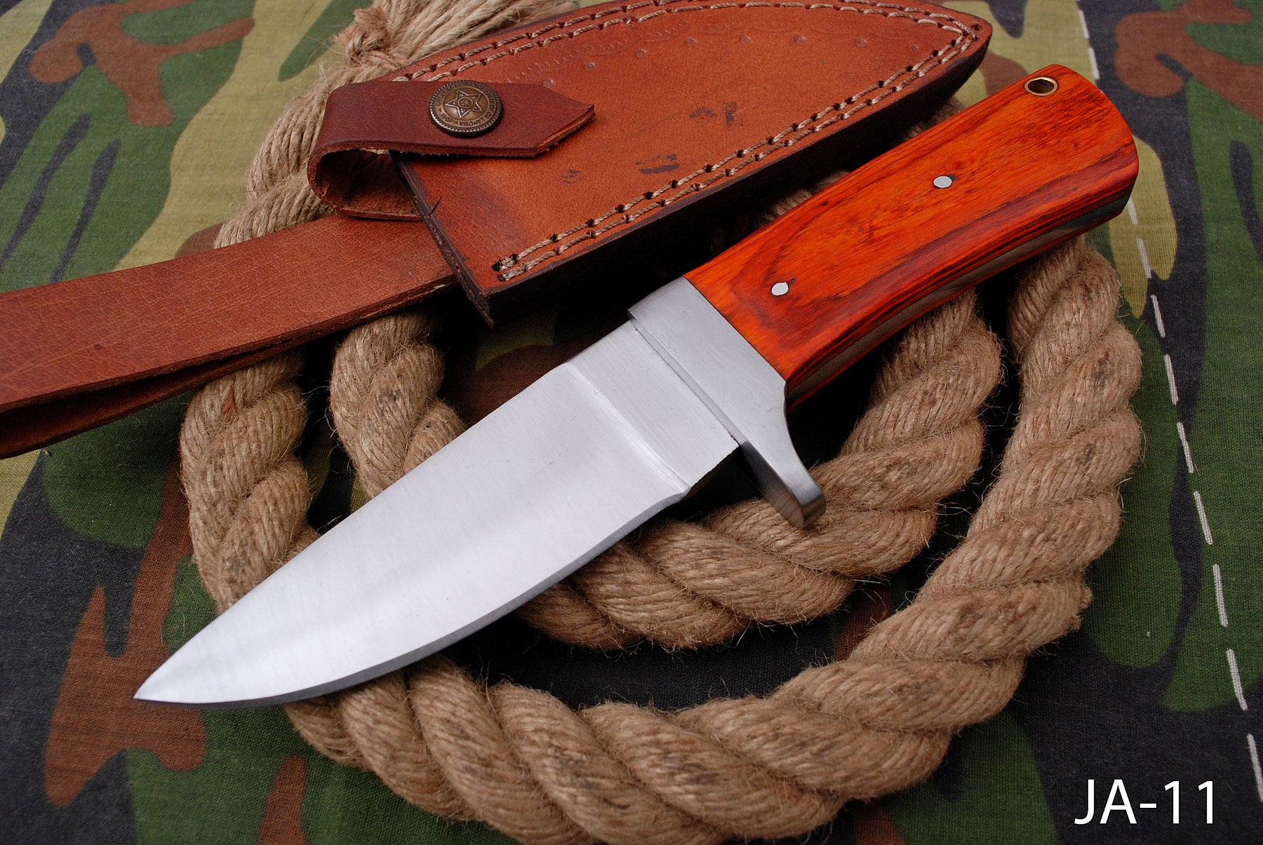 AW-011 "The Woodsman" Classic Drop Point Hunting Knife with Polished Blade and Rich Wood Handle