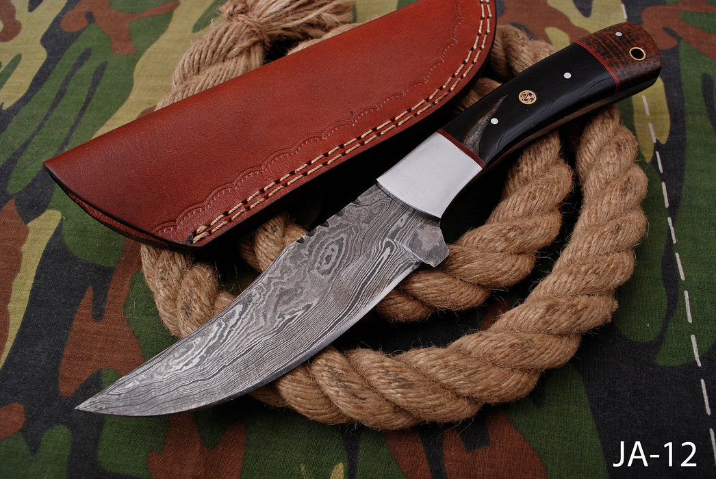 AW-012 "The Raptor" Handmade Damascus Steel Hunting & Survival Knife with Saw-back Spine and Hybrid Bone Handle
