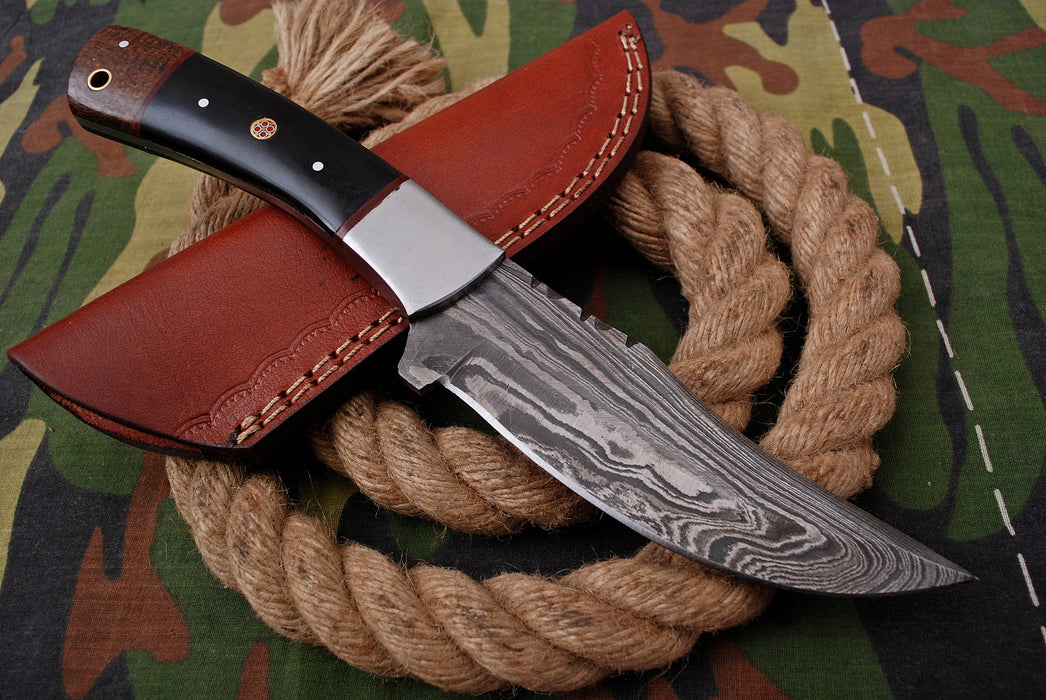 AW-012 "The Raptor" Handmade Damascus Steel Hunting & Survival Knife with Saw-back Spine and Hybrid Bone Handle