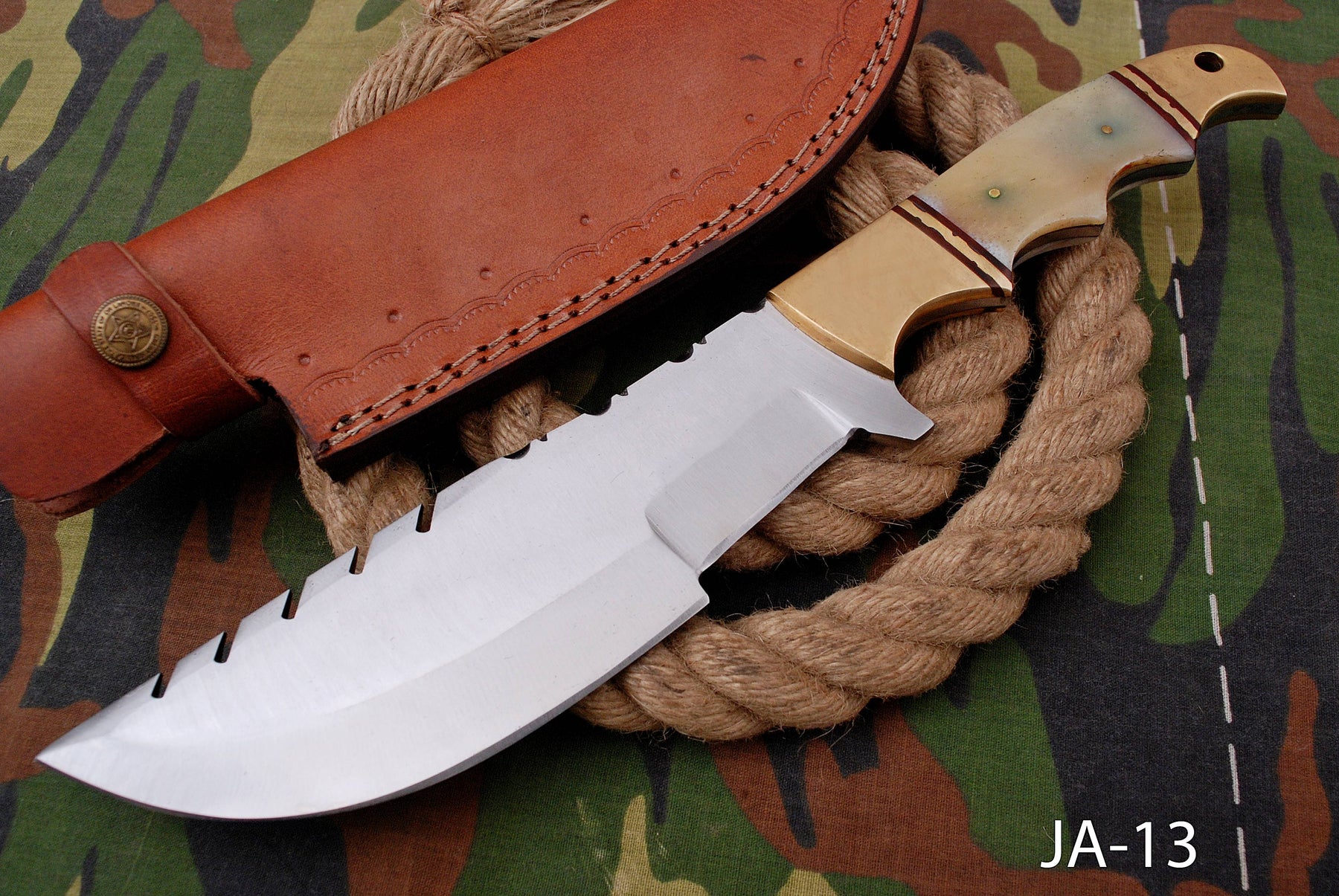 AW-013 "The Beast Master" Handmade High-Carbon Polished Steel Hunting & Survival Knife with Saw-back Spine and Bone Handle